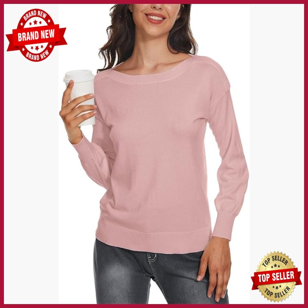 Long Sleeve Boat Neck Pullover Sweater Lightweight Knit Casual Top